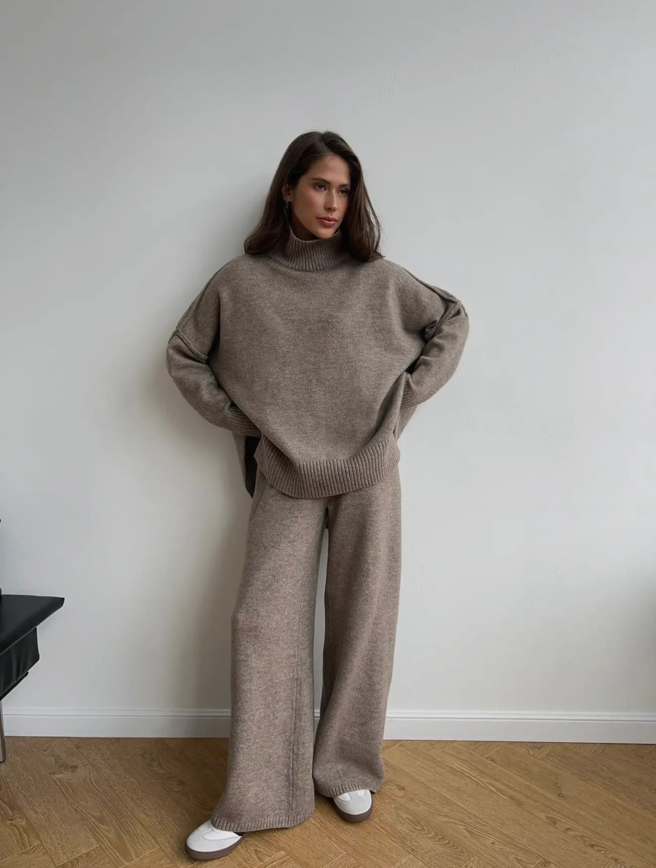 Turtleneck Knit Sweater and Wide
Leg Pants Set