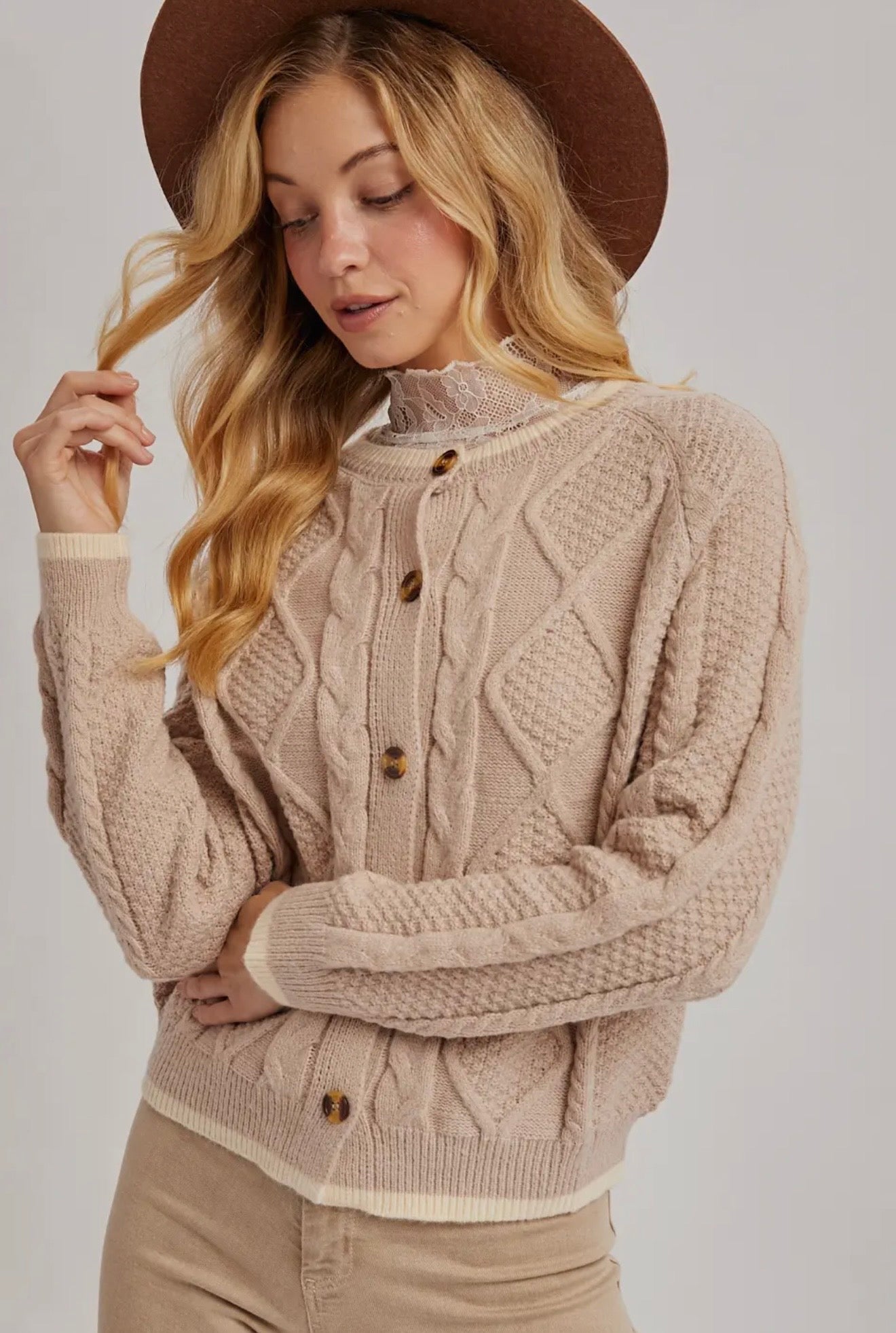 Button Down Cable Knit Sweater Cardigan